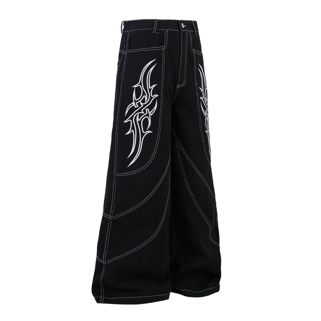 New Spring Flame Embroidery Raw Jeans