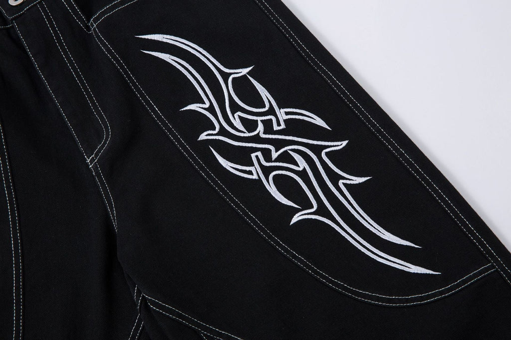 New Spring Flame Embroidery Raw Jeans